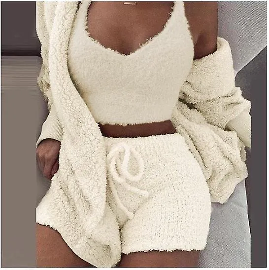 3pcs Women Plush Pajamas Set Casual Plush Shorts Vest Coat Loungewear Set