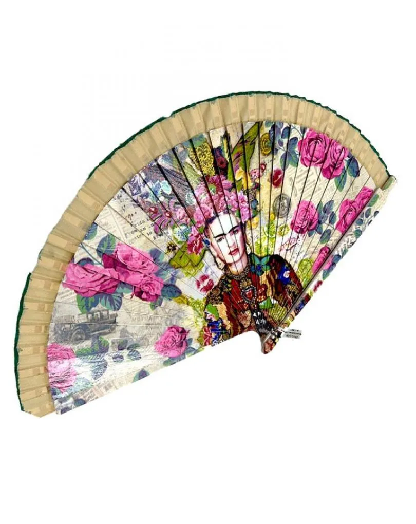 ABANICOS BEIGE TOSTADO HOMENAJE A FRIDA CON TOCADO FLORES