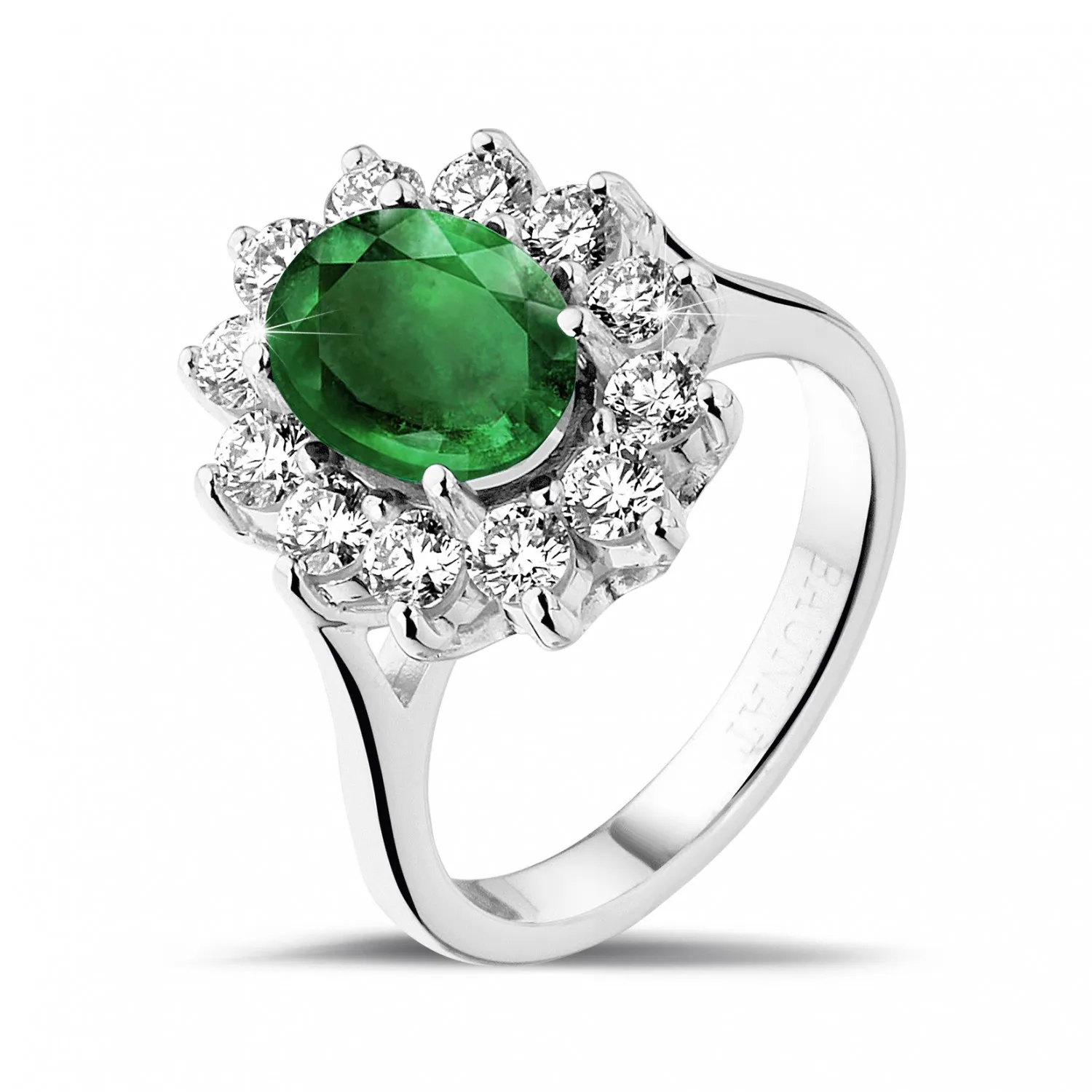 Anillo « entourage » en Platino con esmeralda ovalada y diamantes redondos 