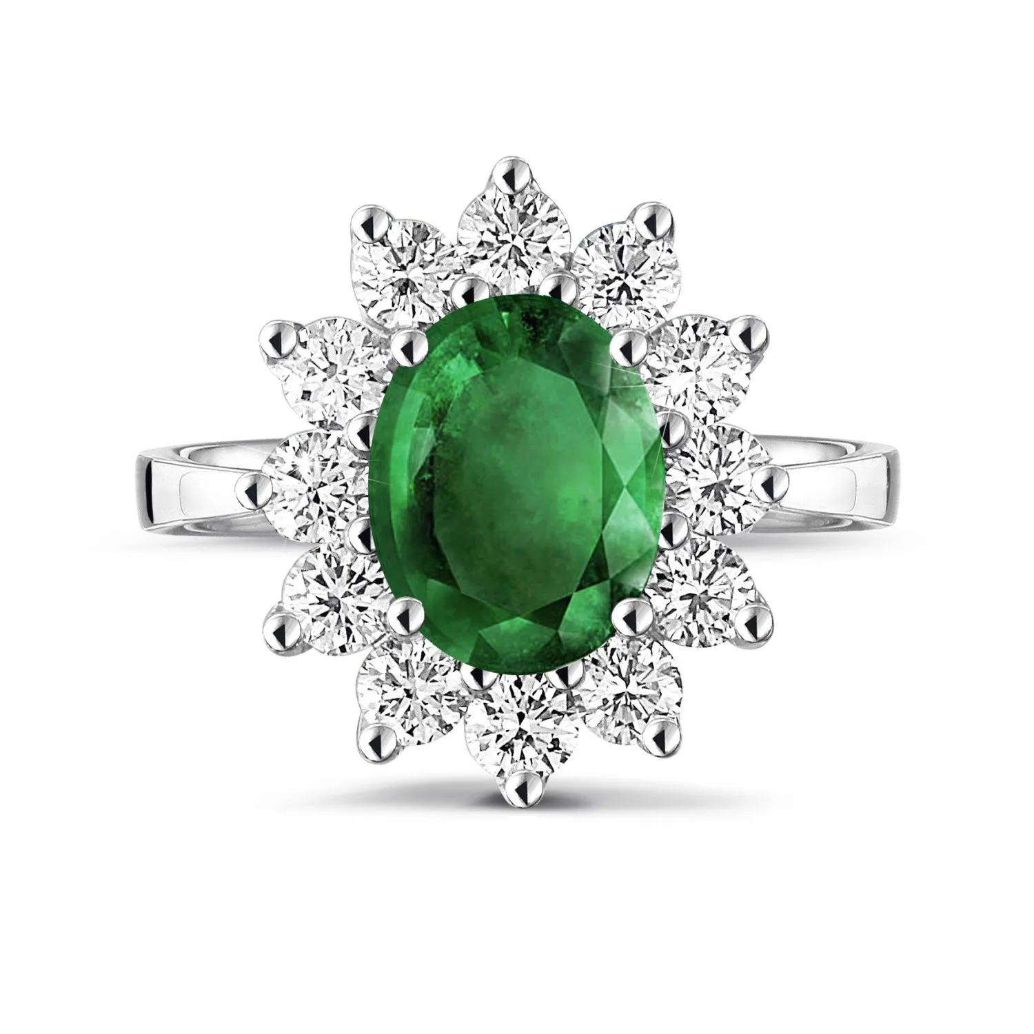 Anillo « entourage » en Platino con esmeralda ovalada y diamantes redondos 