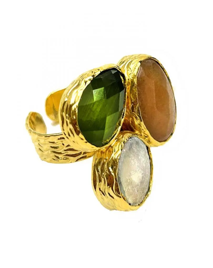 ANILLOS PARA MUJER DORADOS CON PIEDRAS TRICOLOR Y NACAR