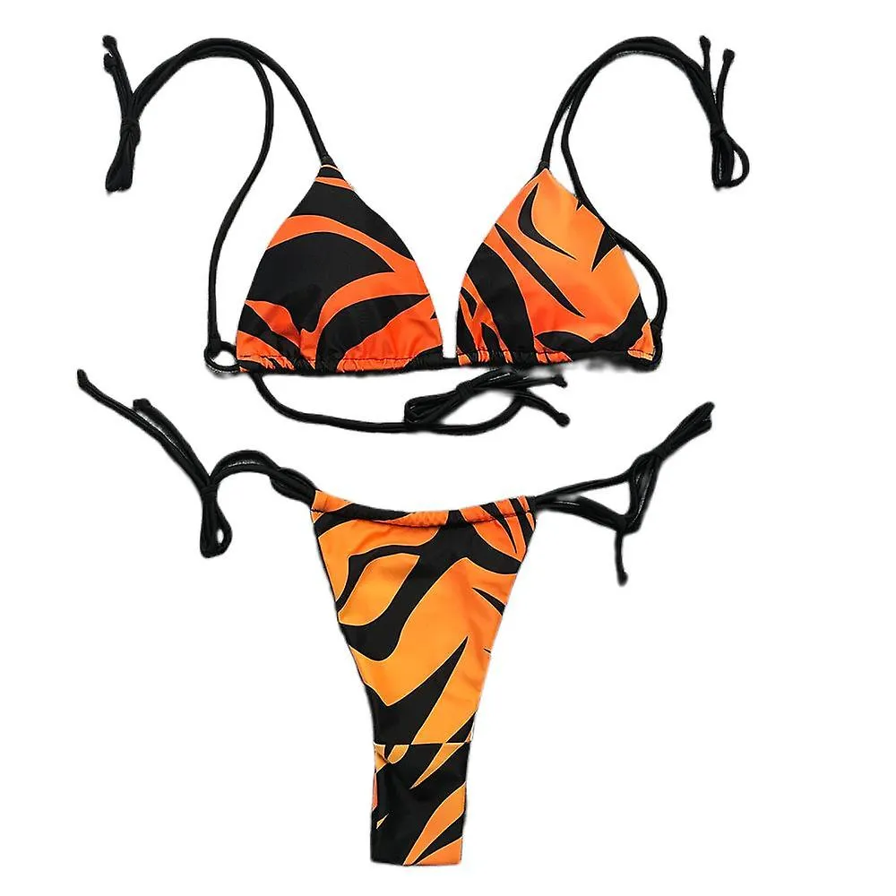 Bikini de dos piezas para mujer, sexy traje de baño de tres puntos sin espalda con estampado de llamas para esposa, novia, naran