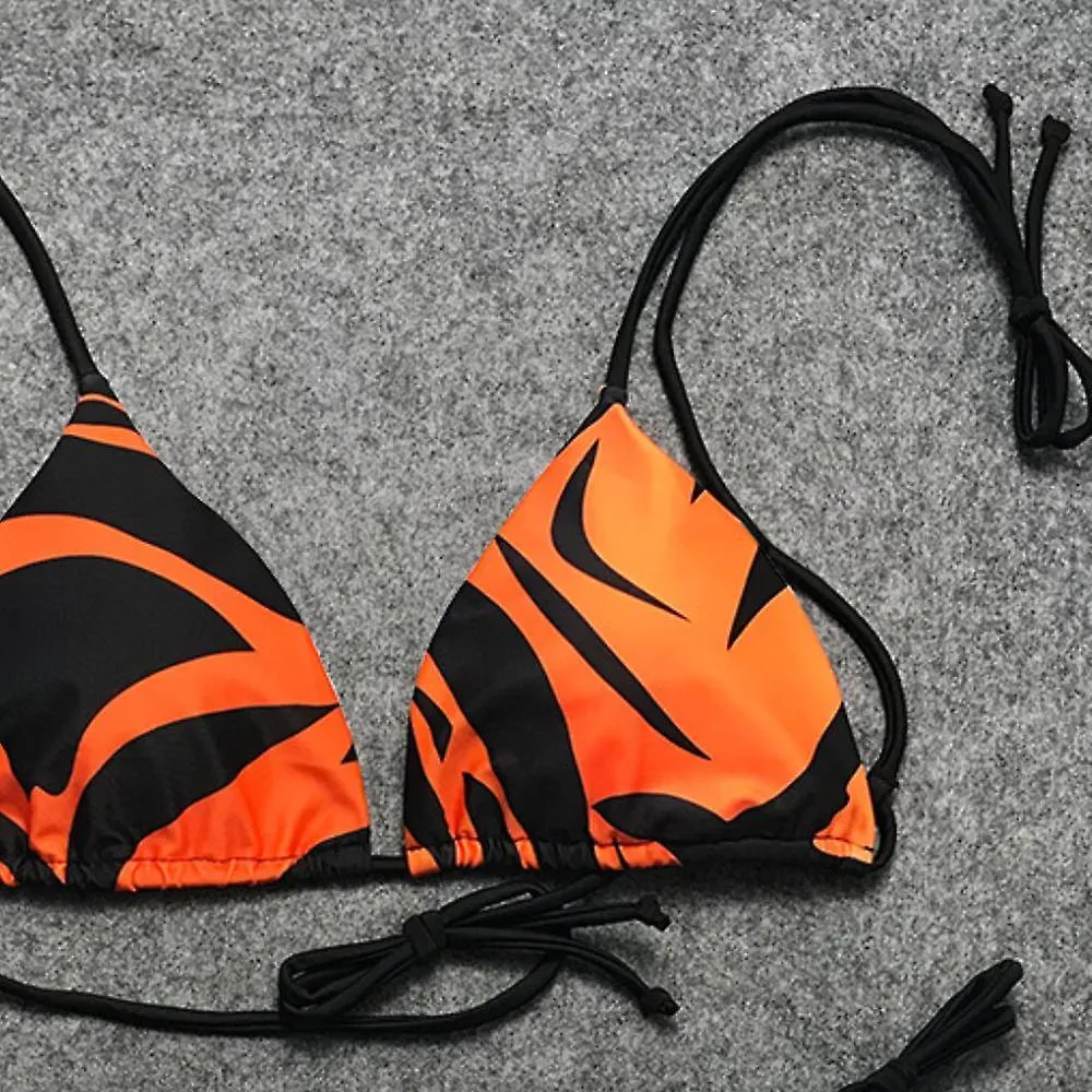 Bikini de dos piezas para mujer, sexy traje de baño de tres puntos sin espalda con estampado de llamas para esposa, novia, naran