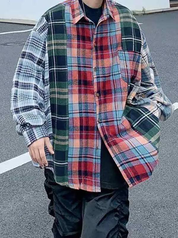 Blusa de manga larga con empalme a cuadros vintage para hombre