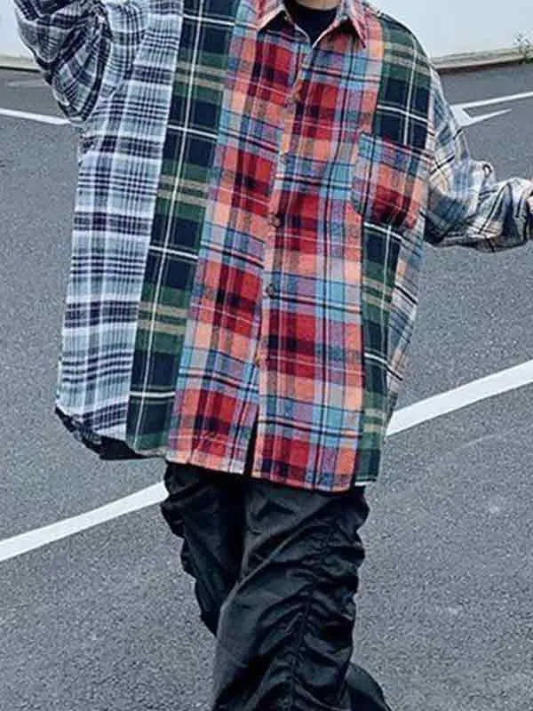 Blusa de manga larga con empalme a cuadros vintage para hombre