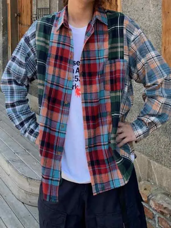 Blusa de manga larga con empalme a cuadros vintage para hombre