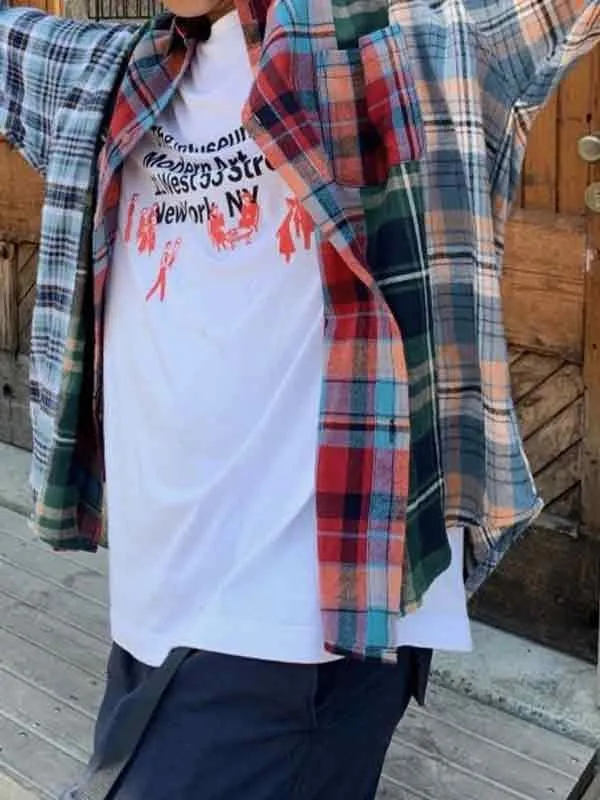 Blusa de manga larga con empalme a cuadros vintage para hombre