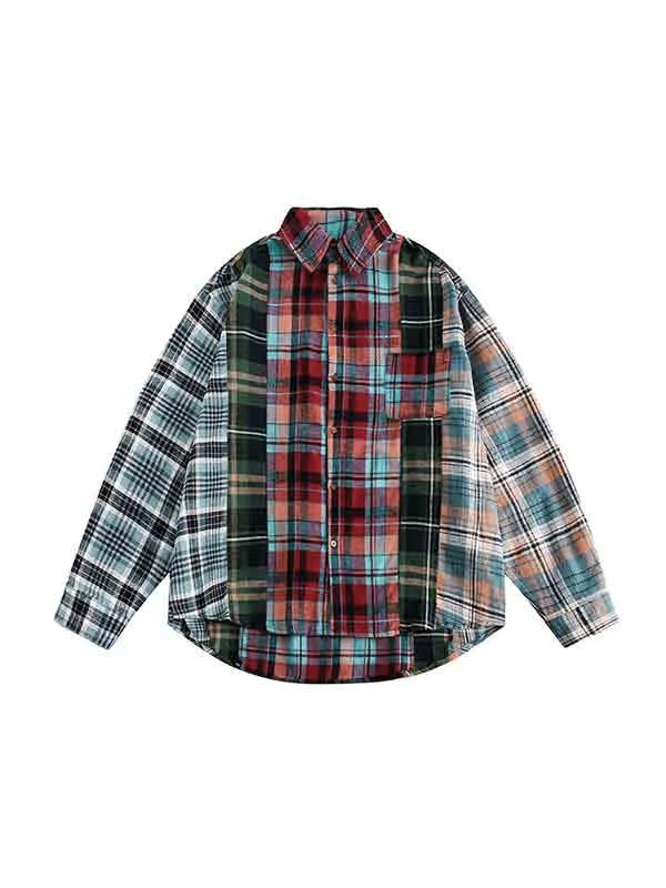 Blusa de manga larga con empalme a cuadros vintage para hombre