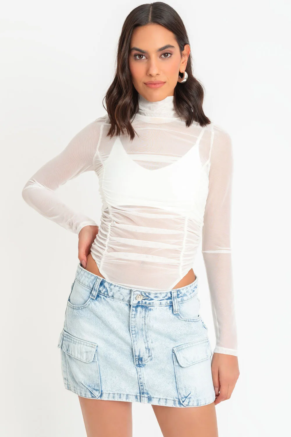 Body de mesh con plisados cuello alto
