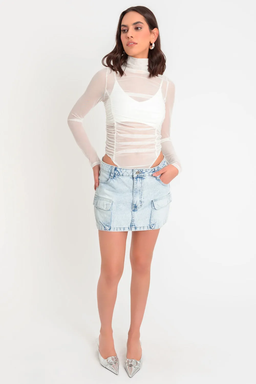 Body de mesh con plisados cuello alto