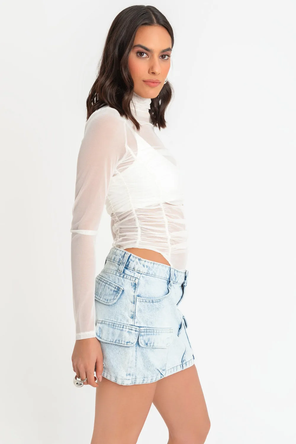 Body de mesh con plisados cuello alto