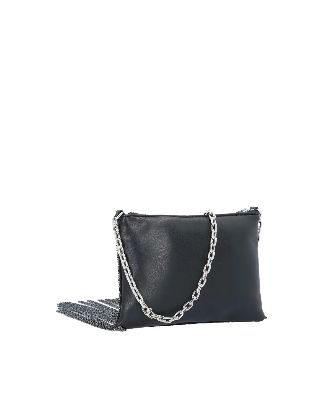 Bolso de hombro negro y plateado con flecos