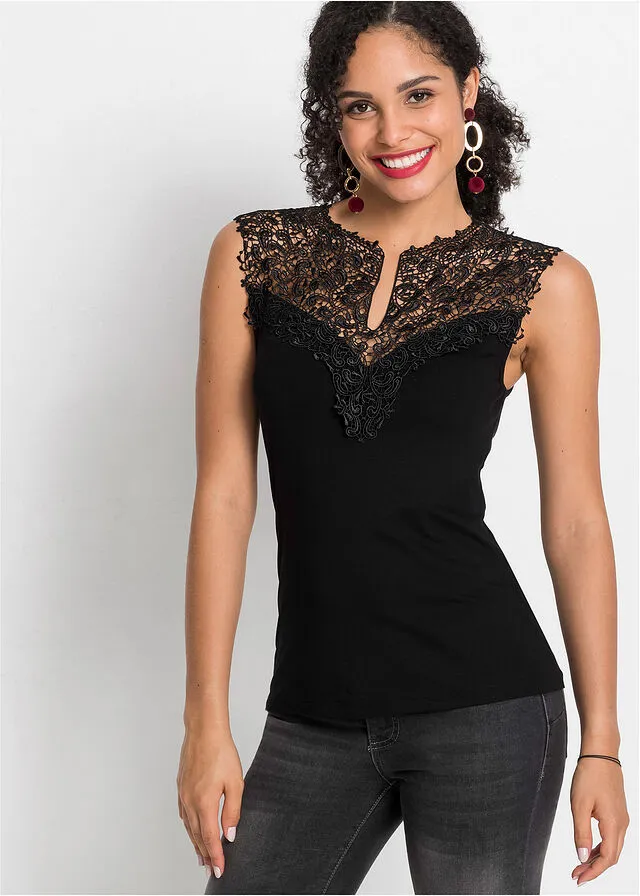 Camiseta con encaje Negro