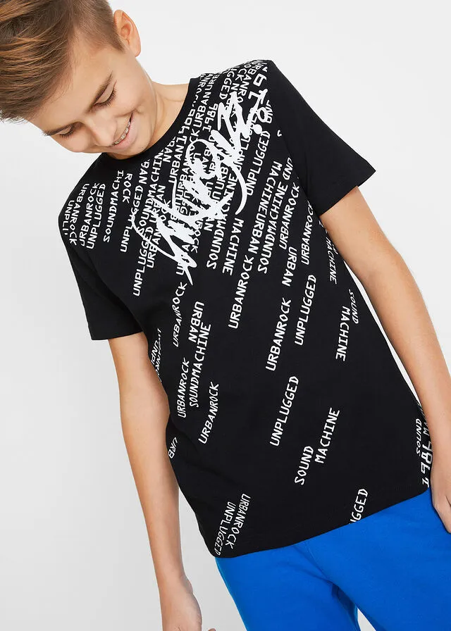 Camiseta de corte slim y algodón orgánico para niños Negro estampado