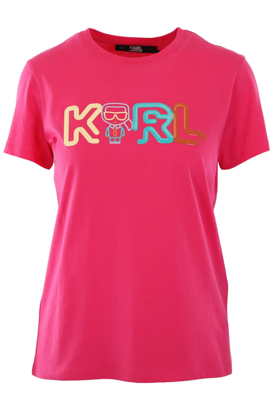 Camiseta fucsia con logo multicolor de goma