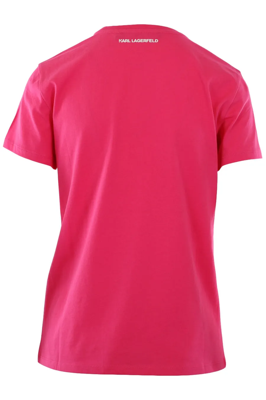 Camiseta fucsia con logo multicolor de goma