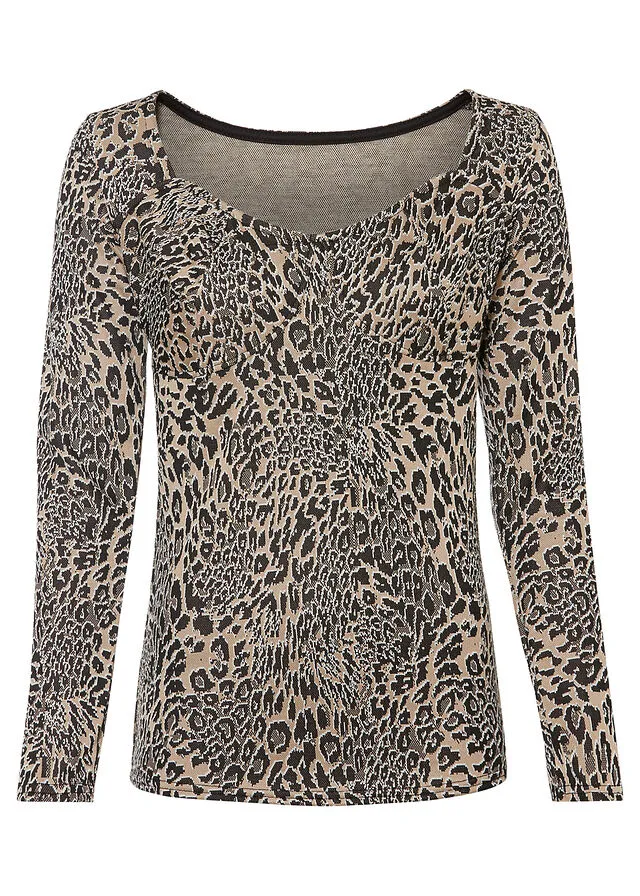 Camiseta jacquard con escote corazón Gris con estampado de leopardo