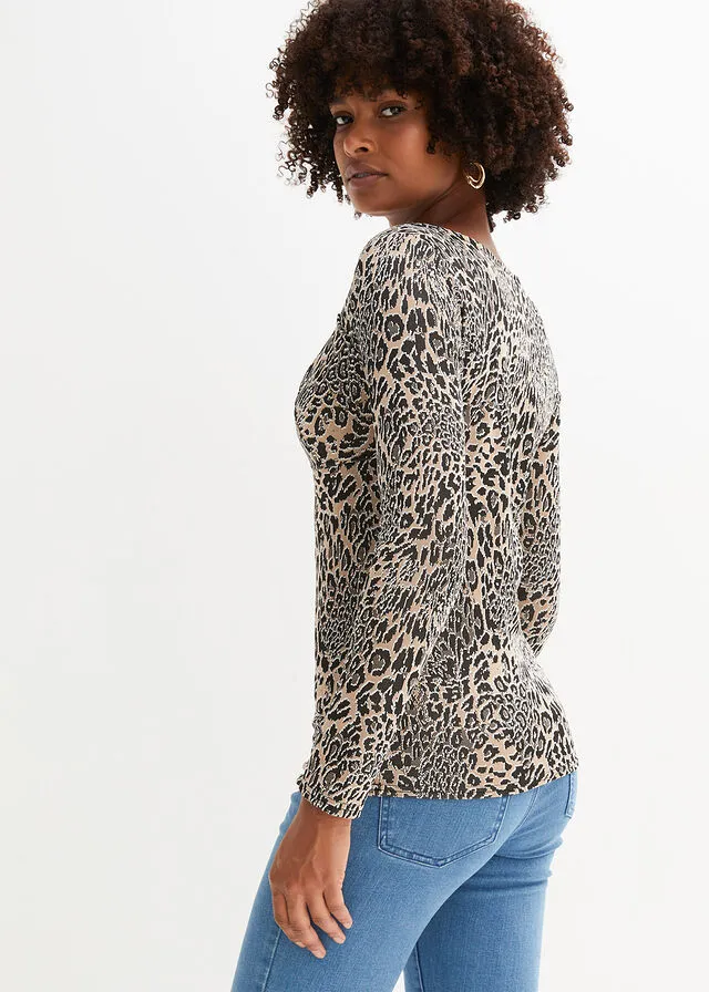 Camiseta jacquard con escote corazón Gris con estampado de leopardo