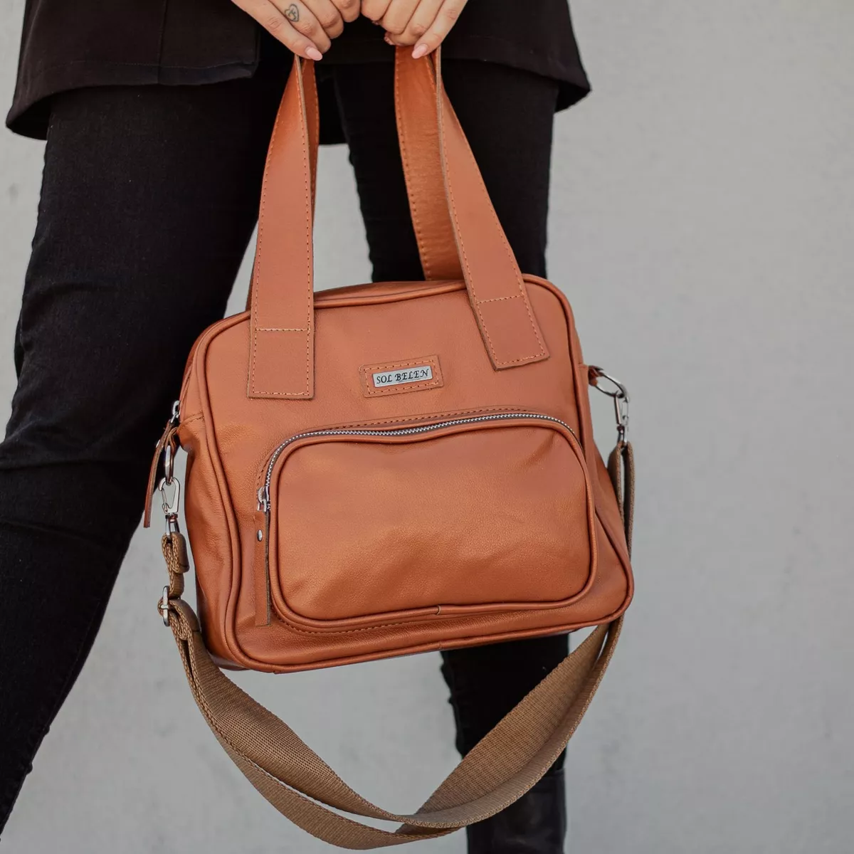 Cartera Morral De Cuero Vacuno Mujer Moderno + Correa Desm.