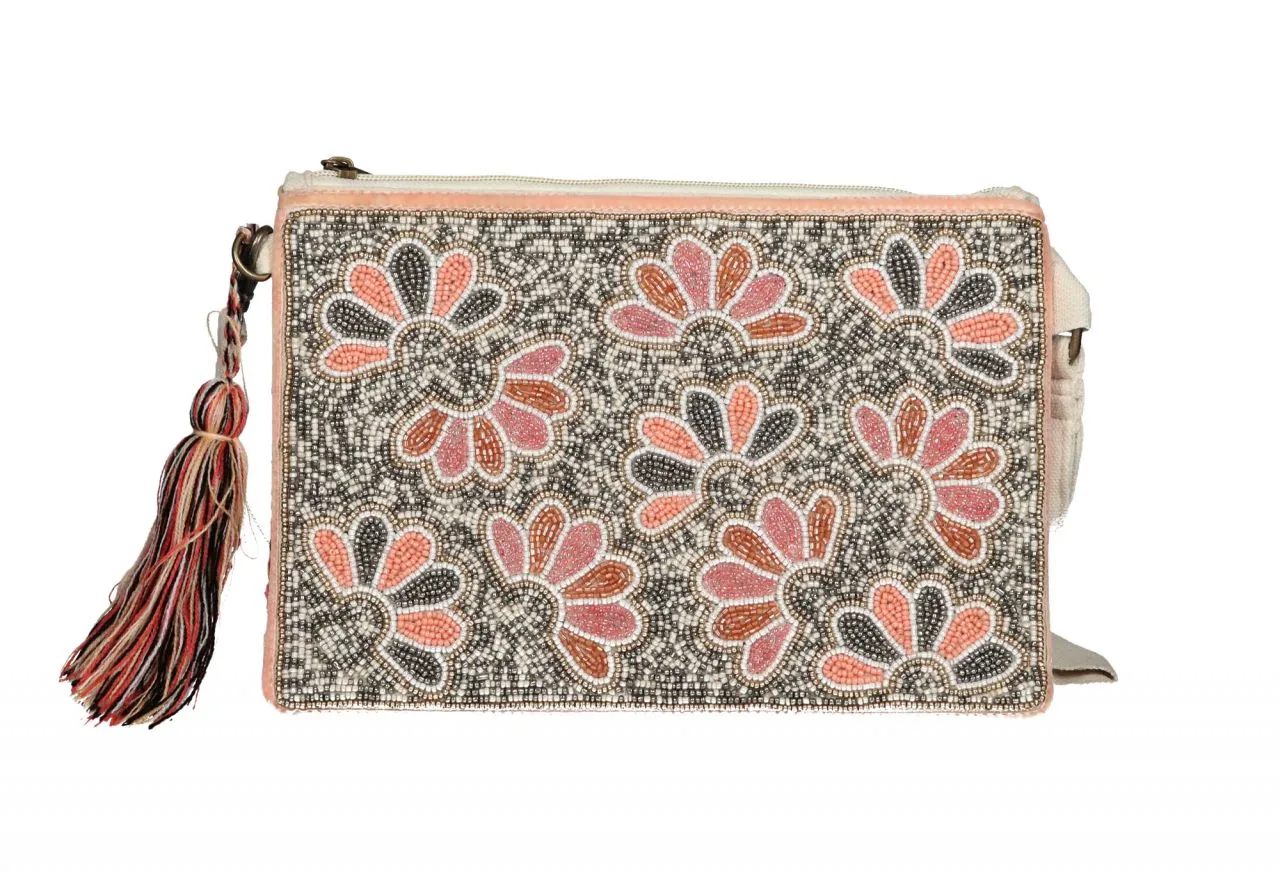 Cartera Tejido Rosa/mostaza/beige Flores Abalorios