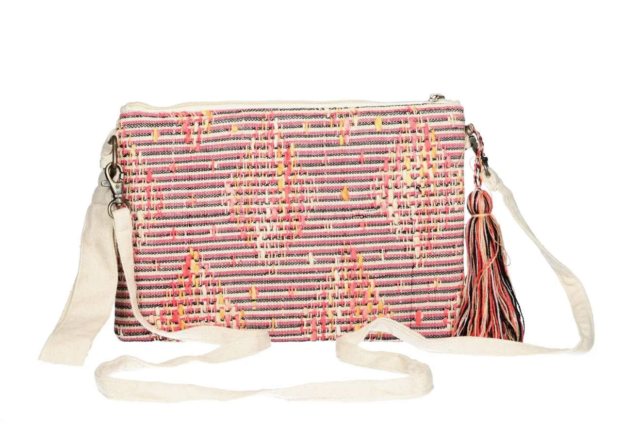 Cartera Tejido Rosa/mostaza/beige Flores Abalorios