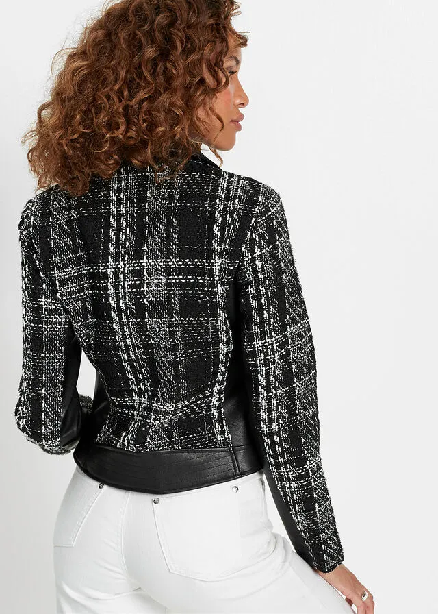 CAZADORA BIKER CON TWEED NEGROBLANCO DE CUADROS