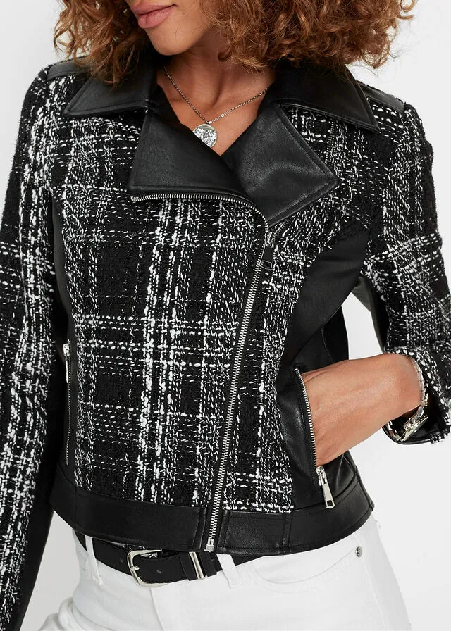 CAZADORA BIKER CON TWEED NEGROBLANCO DE CUADROS