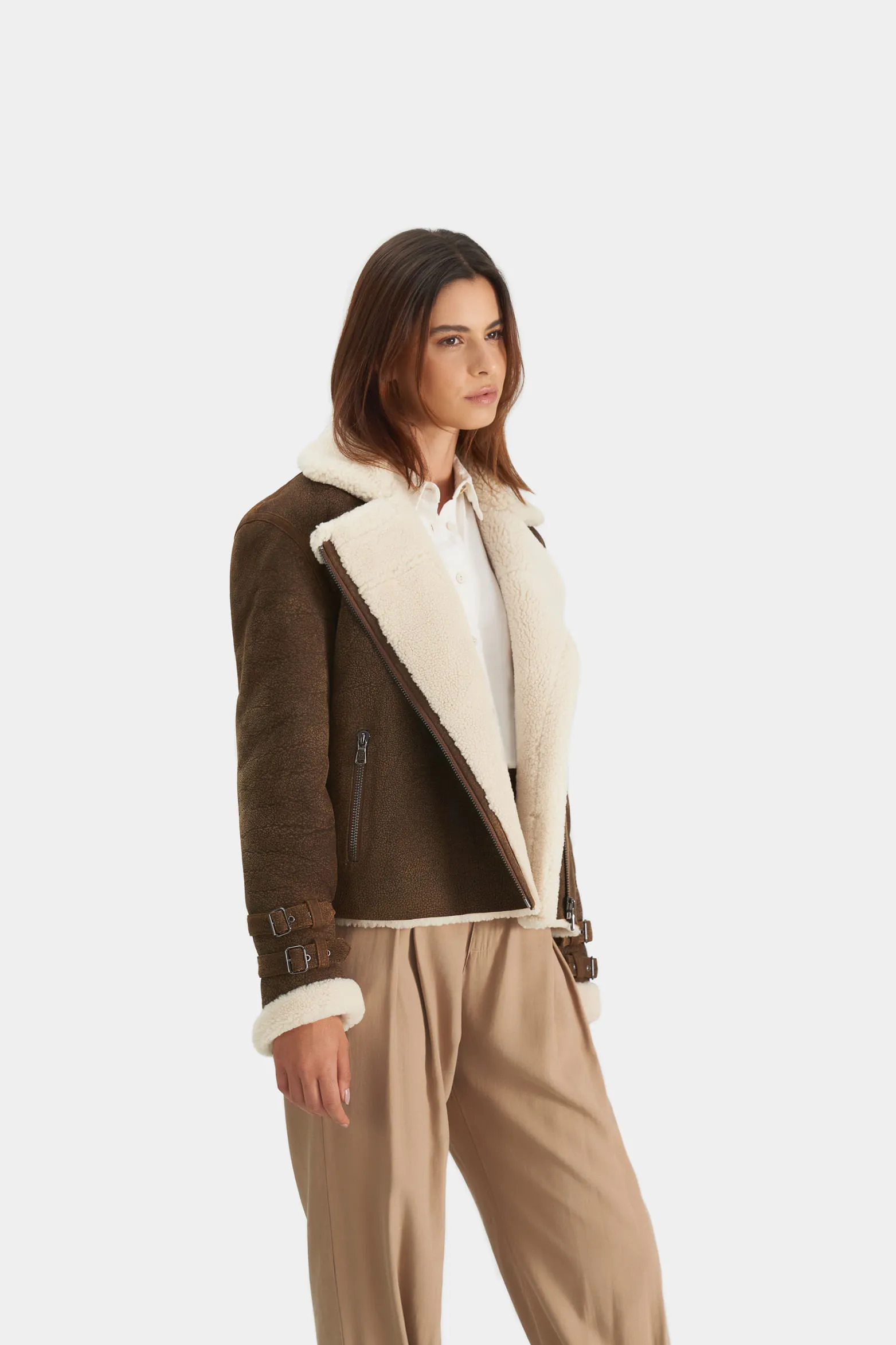 Chaqueta aviator de cuero ovino y lana para mujer acabado nobuck