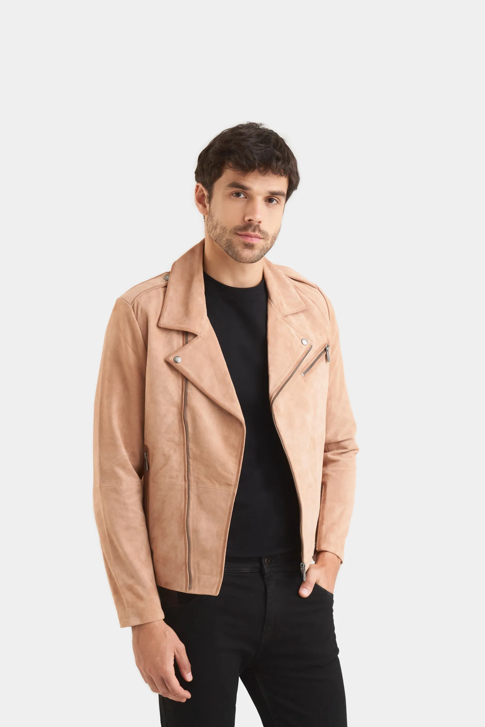 Chaqueta biker de gamuza para hombre cremallera cruzada