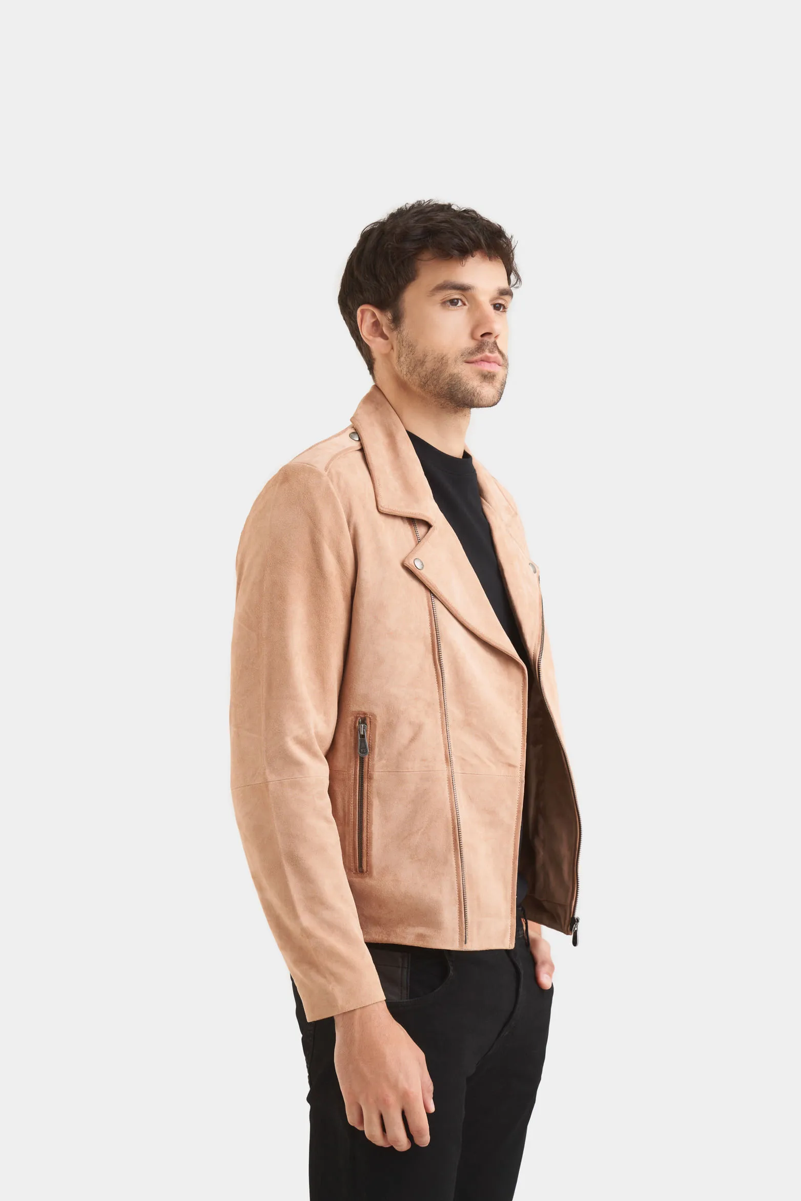 Chaqueta biker de gamuza para hombre cremallera cruzada