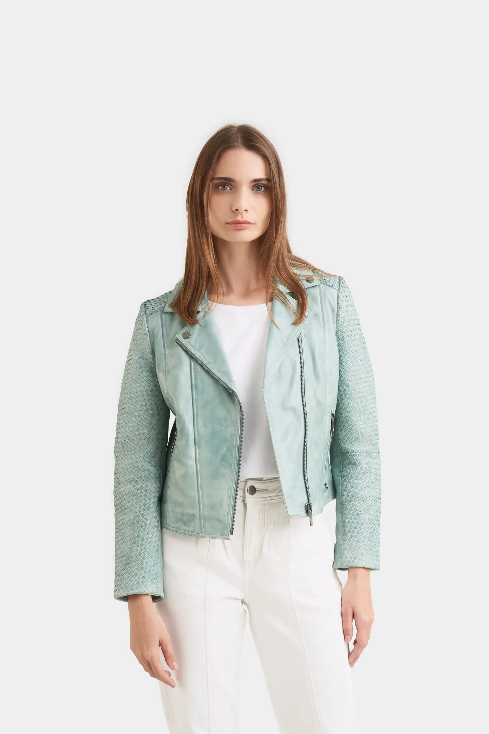 Chaqueta biker seta de cuero para mujer tejido en mangas