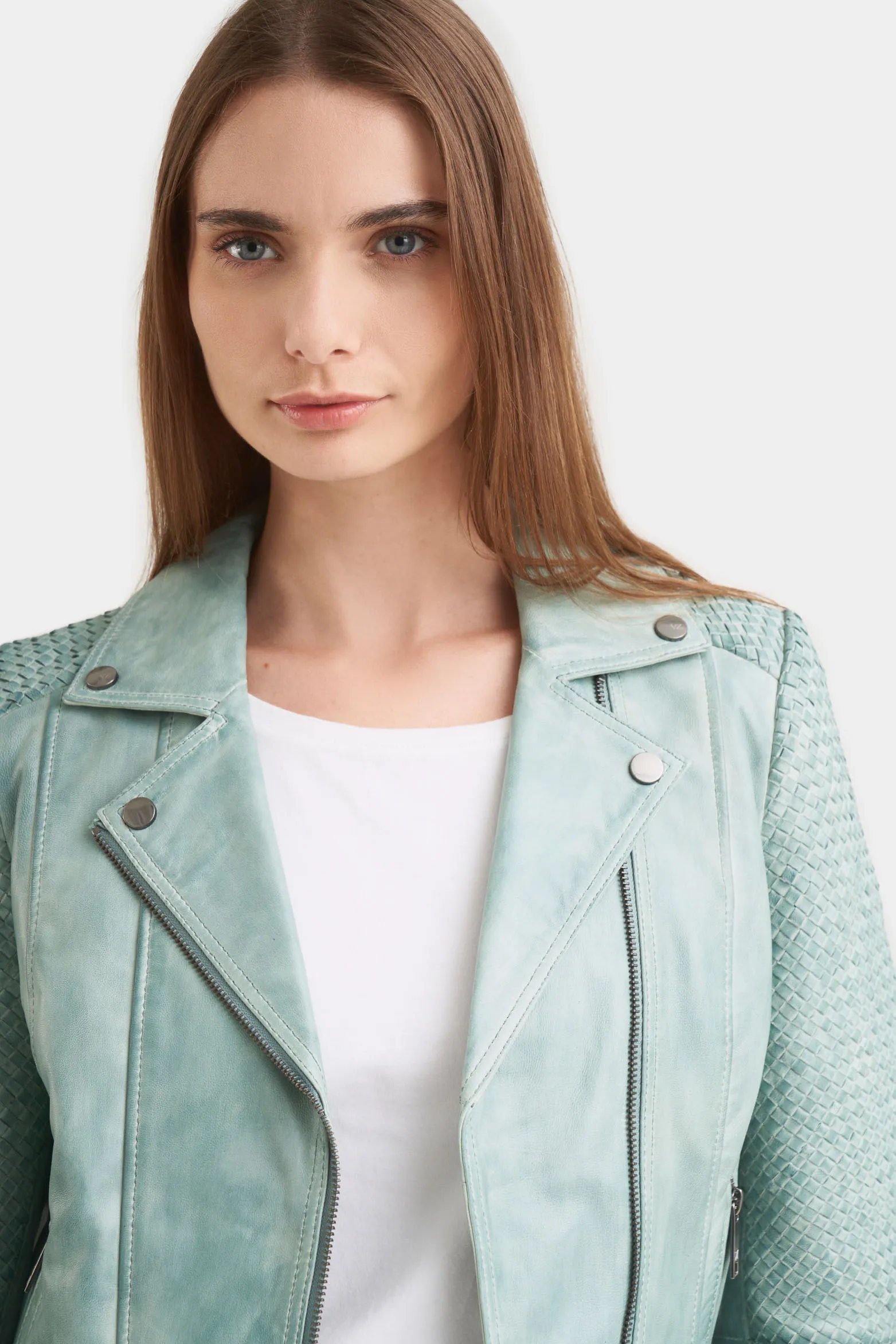 Chaqueta biker seta de cuero para mujer tejido en mangas
