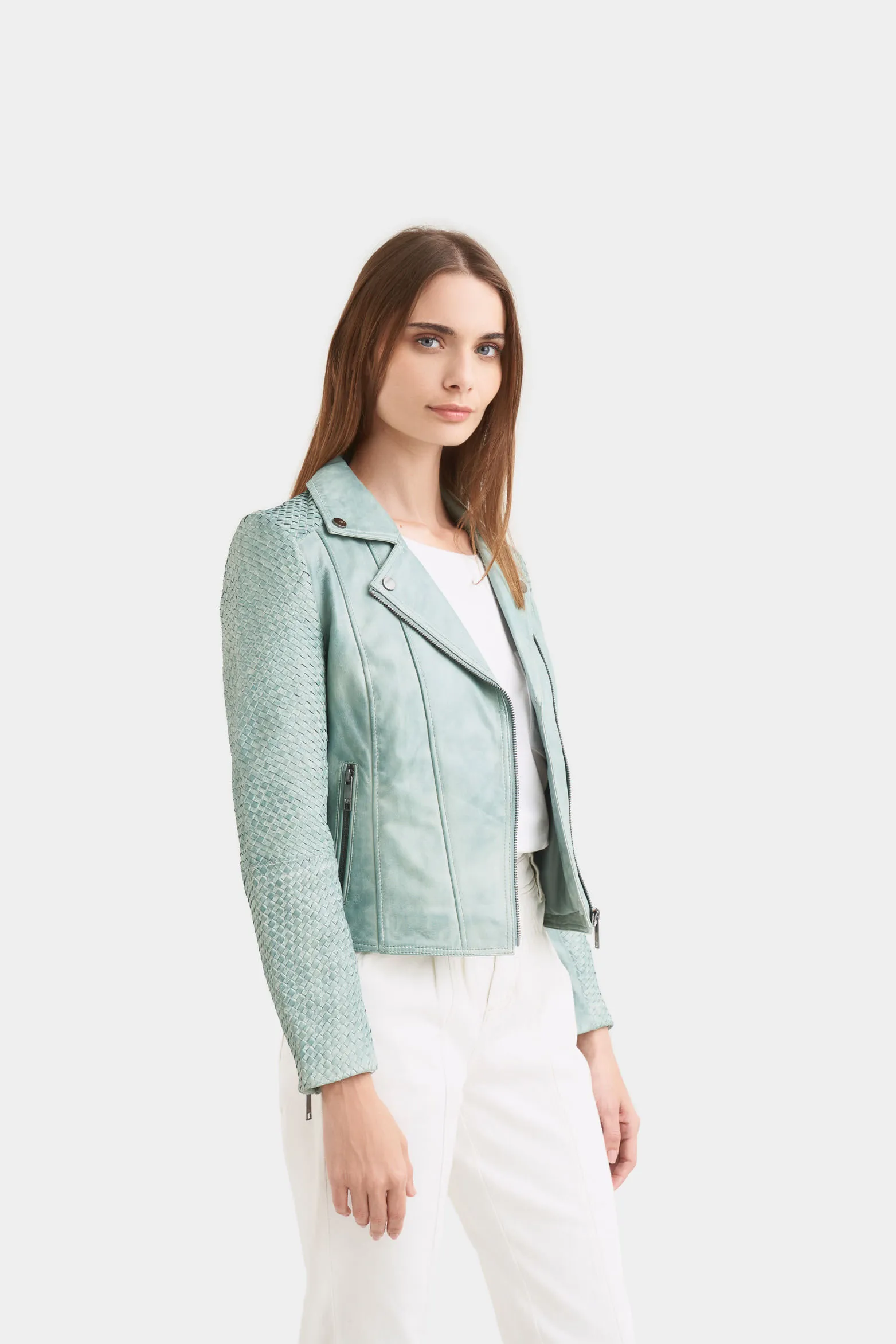 Chaqueta biker seta de cuero para mujer tejido en mangas