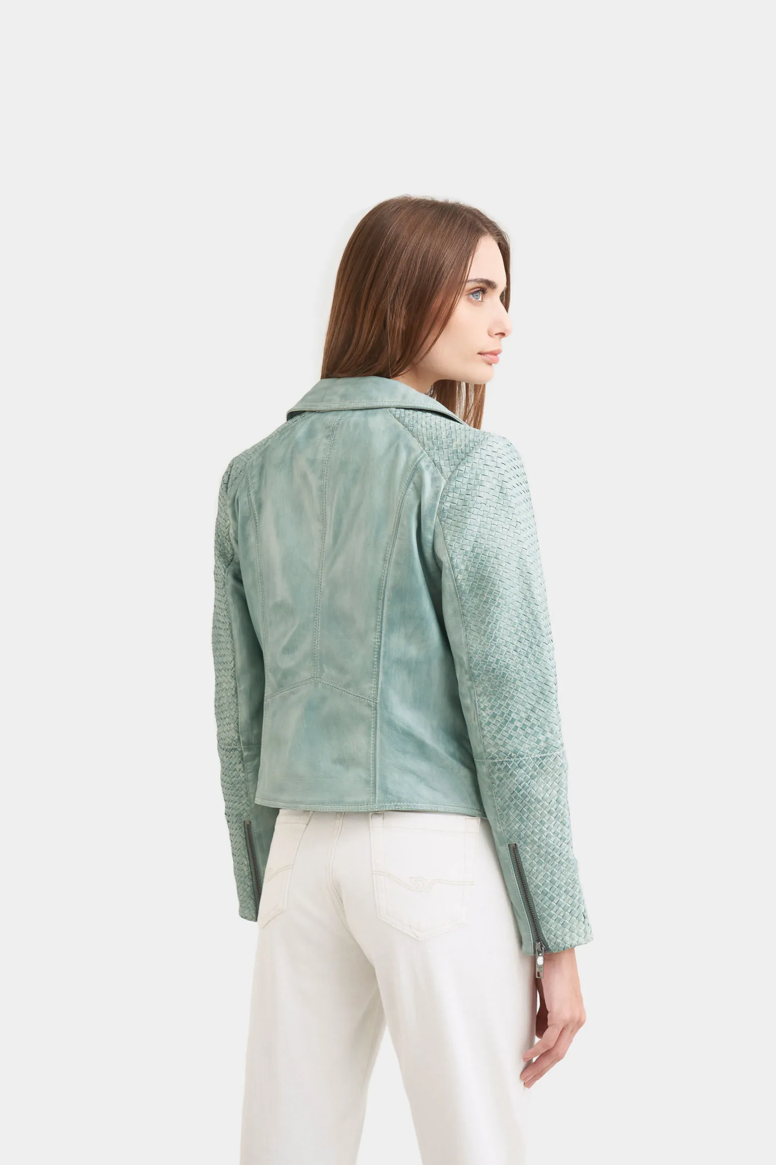 Chaqueta biker seta de cuero para mujer tejido en mangas