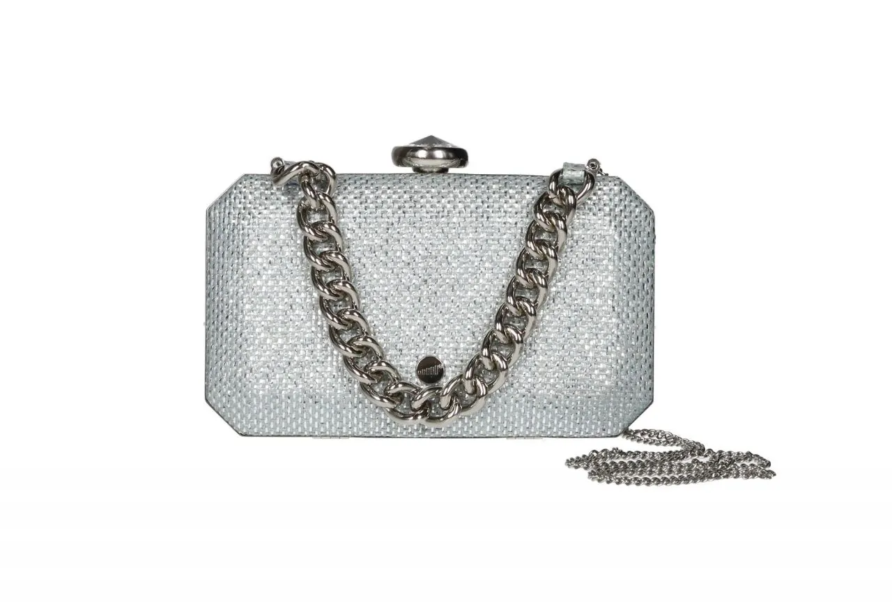 Clutch Tejido Plata Asa Cadena Boquilla Brillante