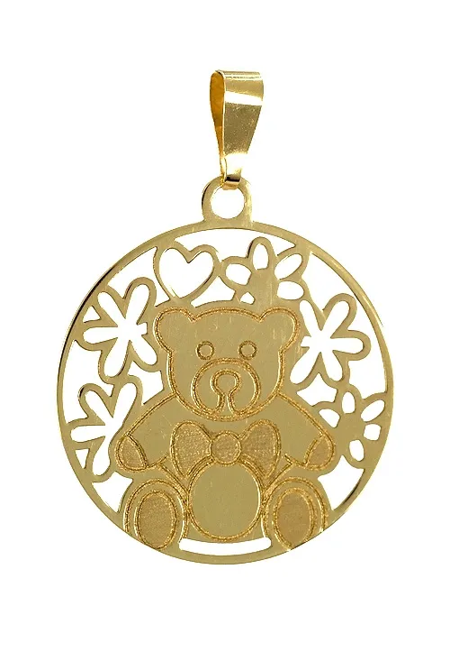 Colgante de oro amarillo 18k circulo calado oso y flores.