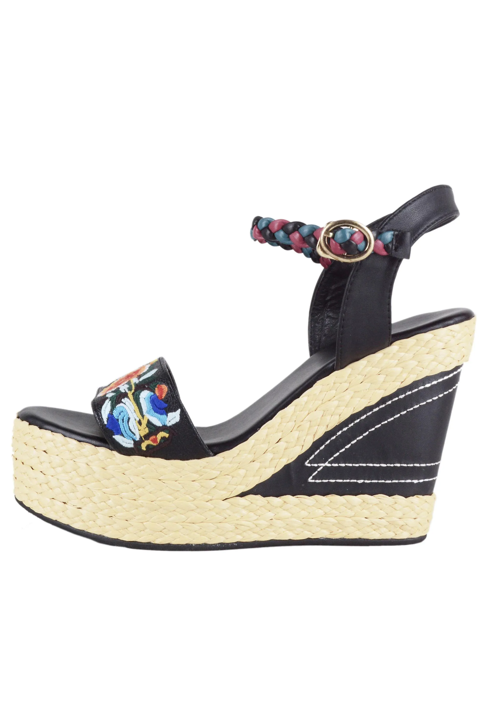 Cuñas de talón tejido LMS en color negro con bordado de flores