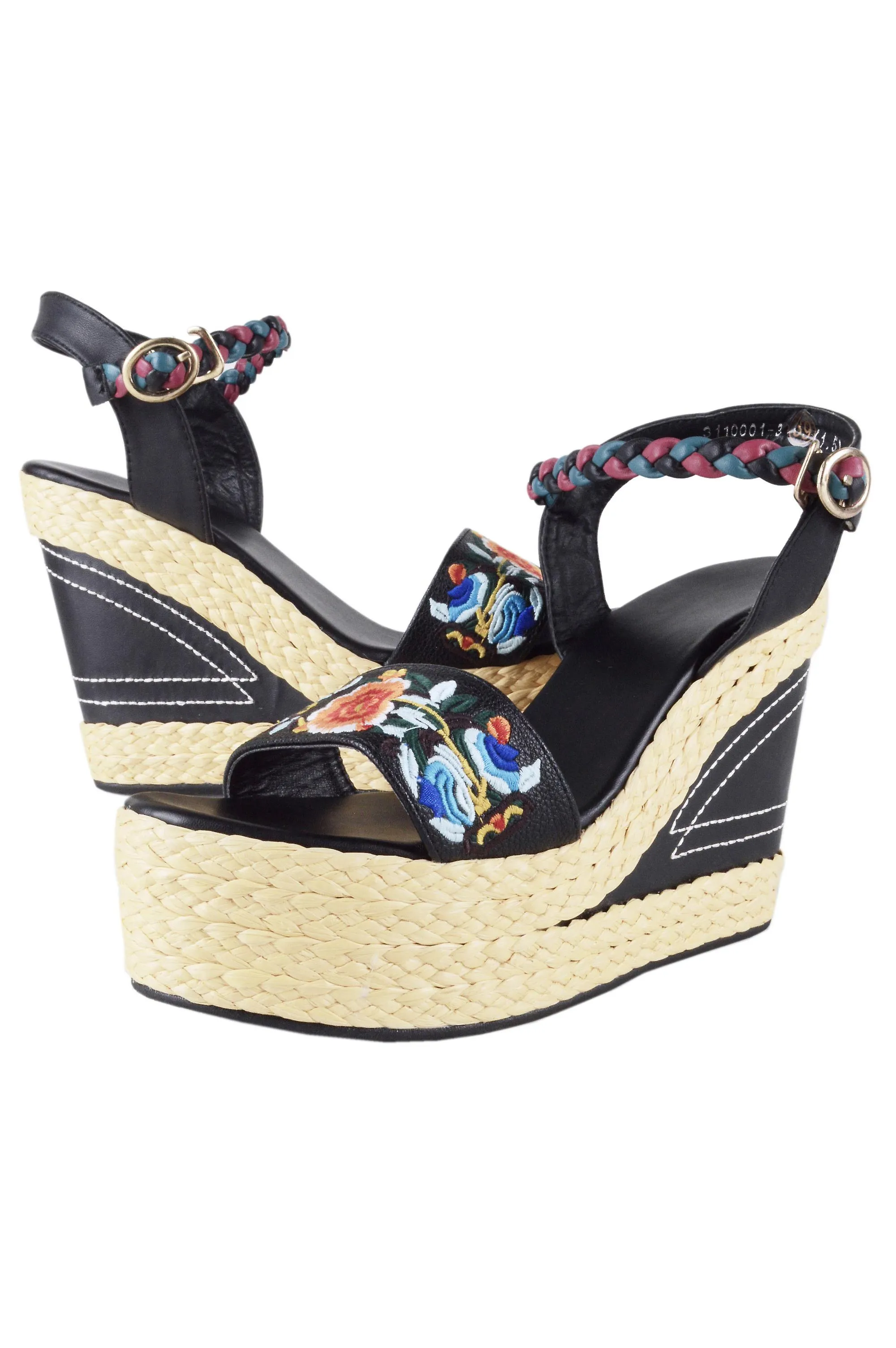 Cuñas de talón tejido LMS en color negro con bordado de flores