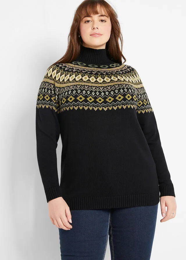 Jersey de cuello alto con patrón nórdico Negro con estampado invernal