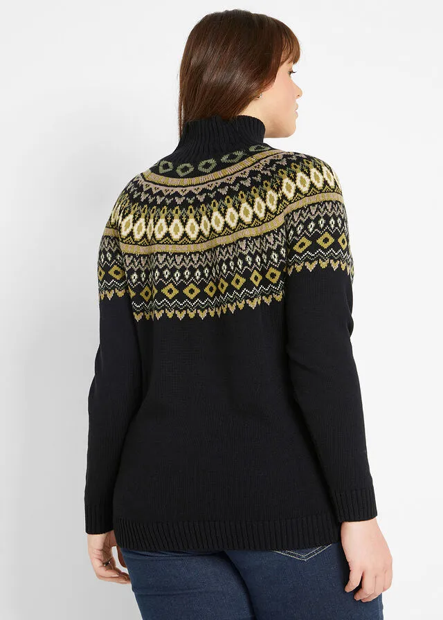 Jersey de cuello alto con patrón nórdico Negro con estampado invernal