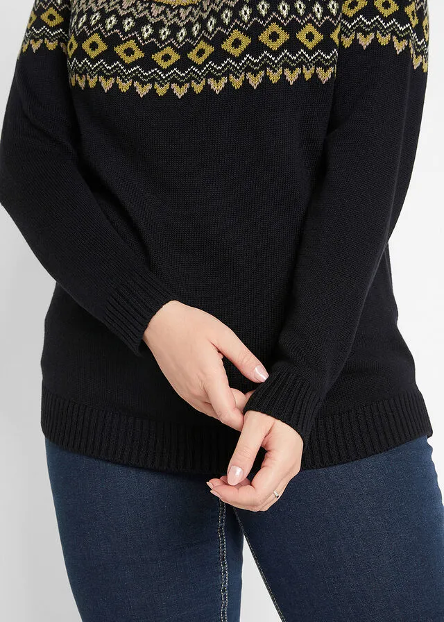 Jersey de cuello alto con patrón nórdico Negro con estampado invernal