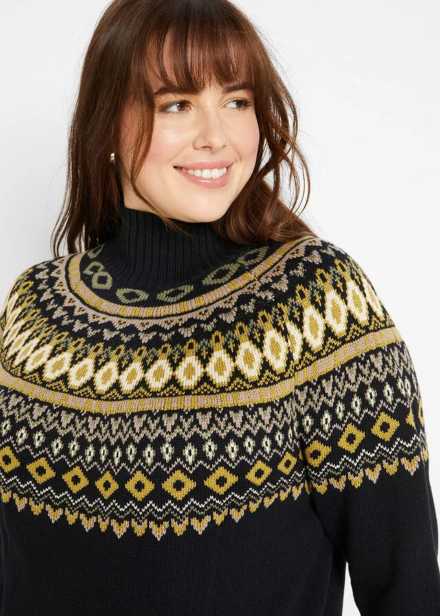 Jersey de cuello alto con patrón nórdico Negro con estampado invernal