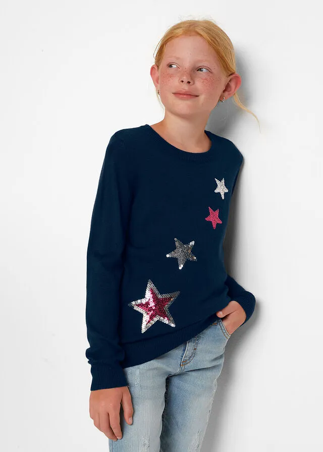 Jersey de punto con lentejuelas para niñas Azul oscuro