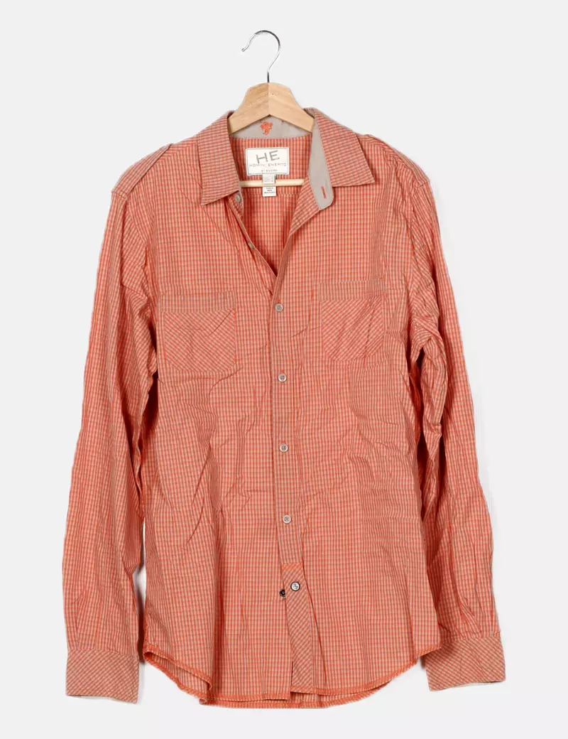 Mango Camisa naranja estampado cuadros
