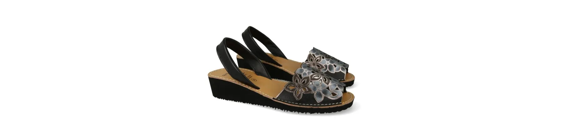 MENORQUINAS MUJER con CUÑA PIEL MOD. FLORAL NEGRO