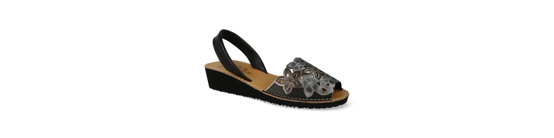 MENORQUINAS MUJER con CUÑA PIEL MOD. FLORAL NEGRO