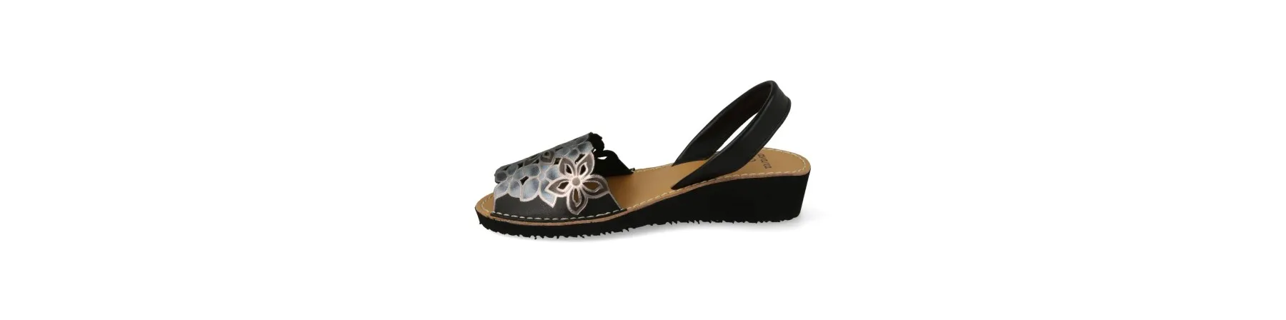 MENORQUINAS MUJER con CUÑA PIEL MOD. FLORAL NEGRO