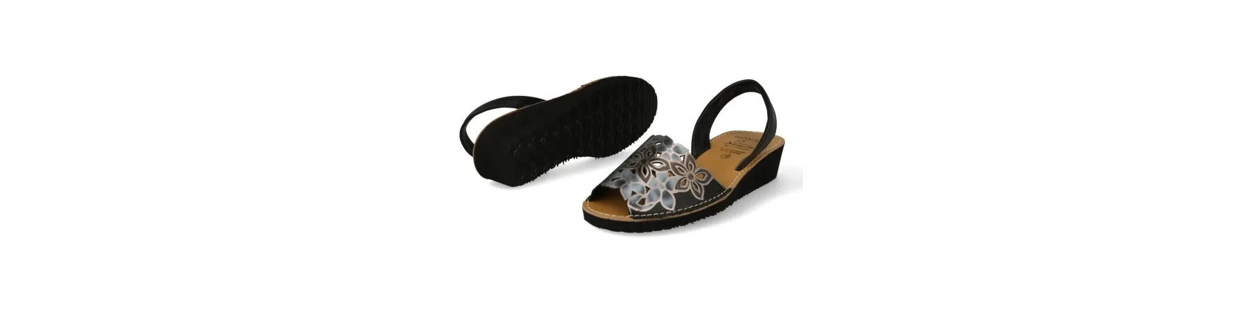 MENORQUINAS MUJER con CUÑA PIEL MOD. FLORAL NEGRO