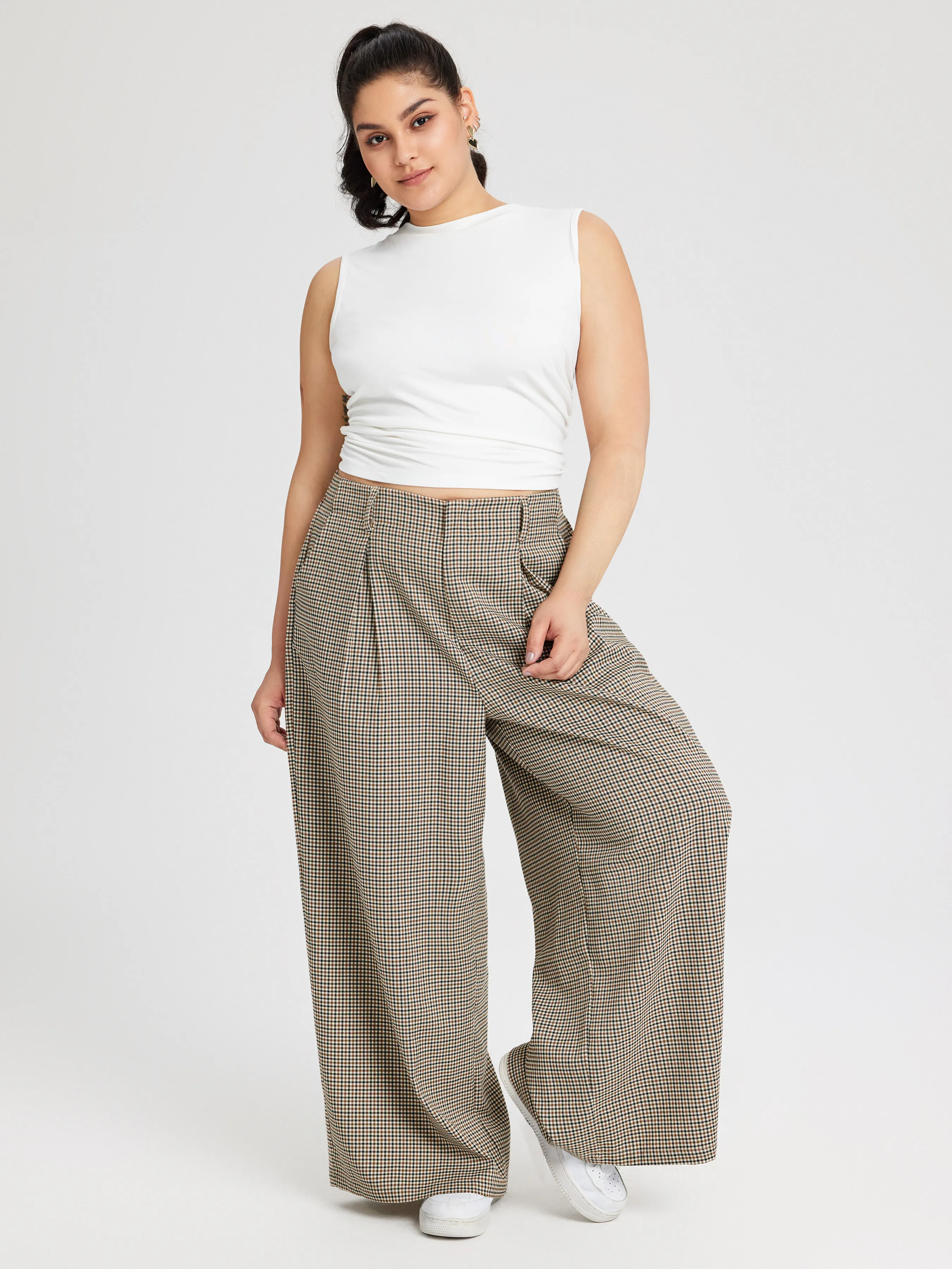 Pantalón Ancho a Cuadros con Bolsillo Curvy