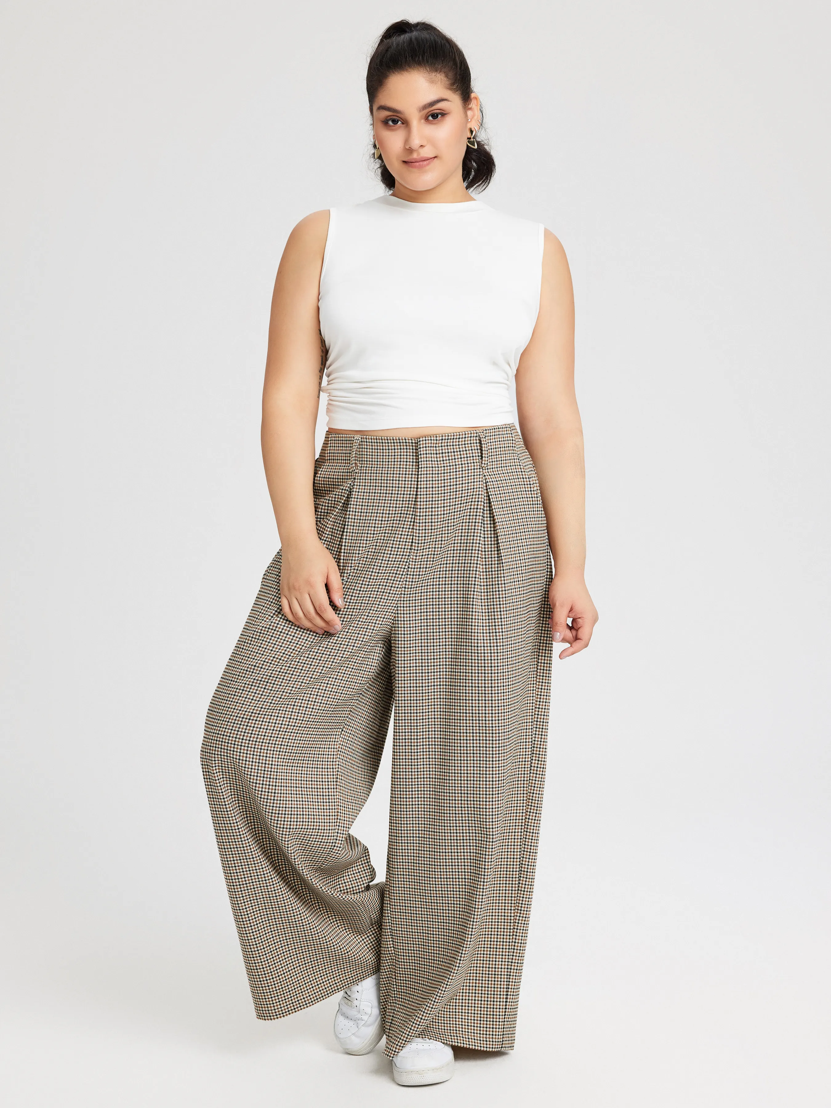 Pantalón Ancho a Cuadros con Bolsillo Curvy